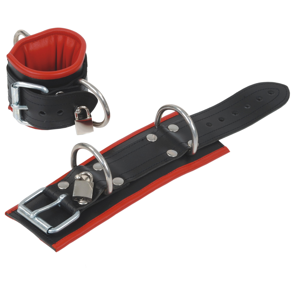 abschließbare Leder Handfesseln, schwarz-rot