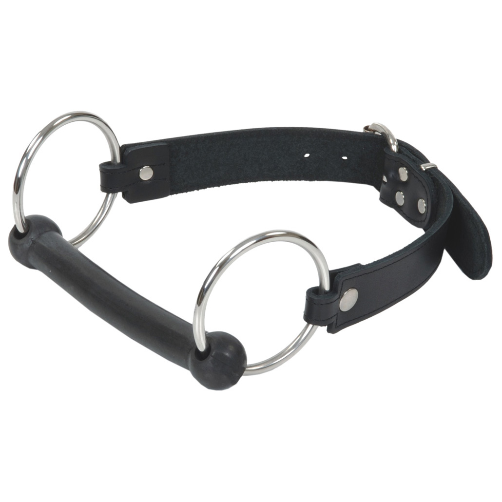 Schwarze Leder-Beißstange mit zwei Edelstahl-O-Ringen und kugelförmigen Gummienden, schwarzes Lederband mit Schnallenverschluss – BDSM Knebel von PM Body Leather